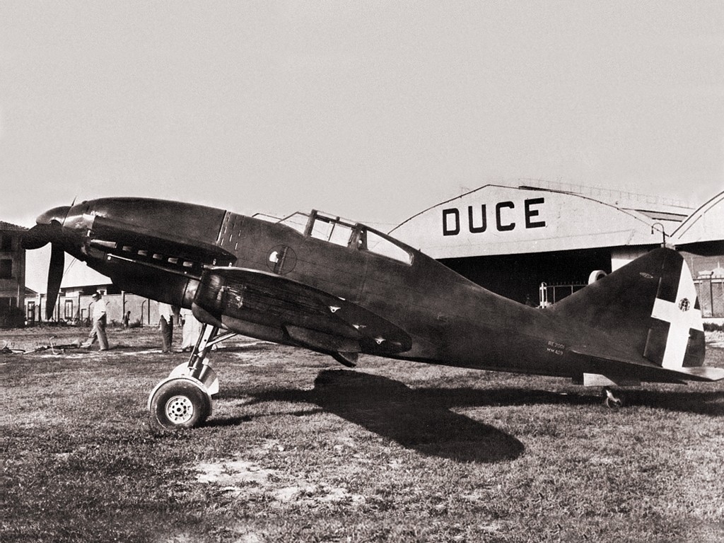 Re.2001 Falco II fighter modified to be a dive bomber with a 250kg bomb, date unknown