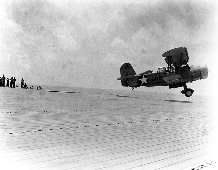 SOC-3A Seagull aircraft catapulted from escort carrier Long Island, 21 May 1942