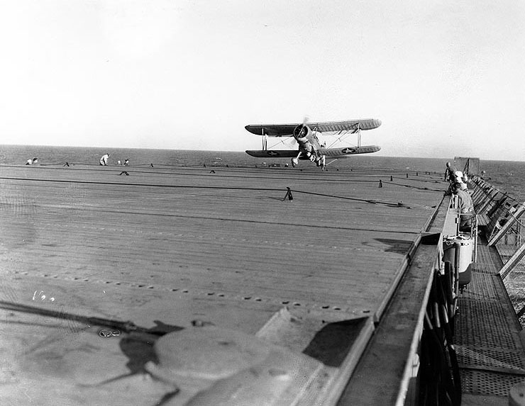 SOC-3A Seagull aircraft landing on escort carrier Long Island, 17 Jun 1942