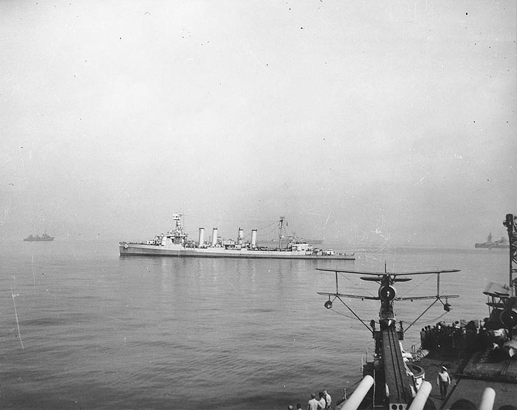 Omaha during southern France landings, Aug 1944; cruiser Philadelphia and SOC Seagull aircraft in foreground, French destroyer and light cruiser in background, and Augusta in background
