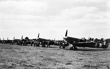 Spitfire Mark VB fighters of No. 131 Squadron RAF at Merston, West Sussex, England, United Kingdom, Jun 1942