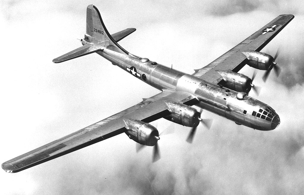 Superfortress bomber in flight, late 1943