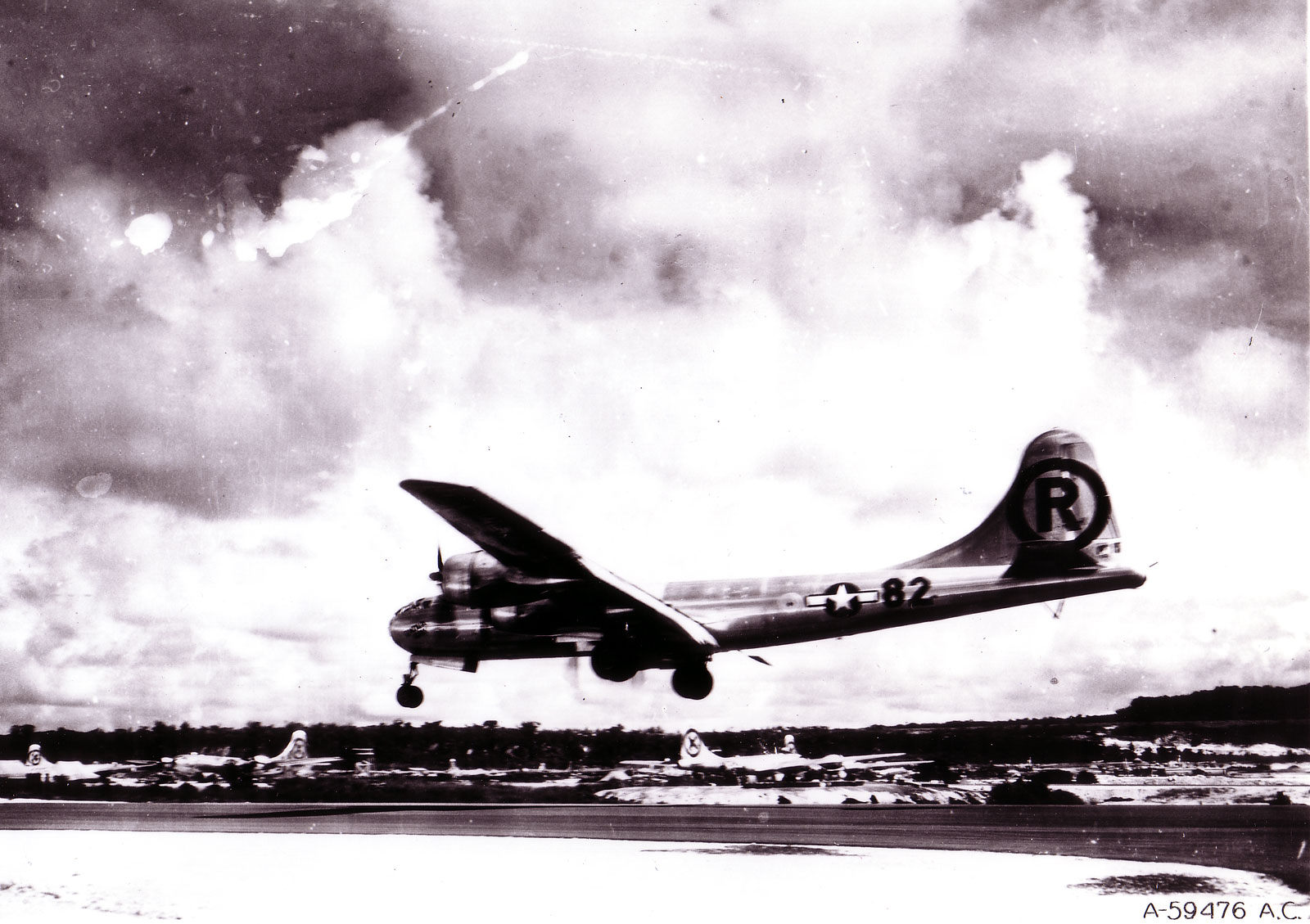B-29 Superfortress 'Enola Gay' landing at Tinian, Mariana Islands after the atomic bombing of Hiroshima, Japan, 6 Aug 1945