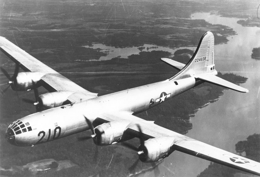 B-29 bomber of Army Air Field Training Command B-29 Transition School at Maxwell Field flying over the Alabama River in training, Aug 1943-Jan 1947