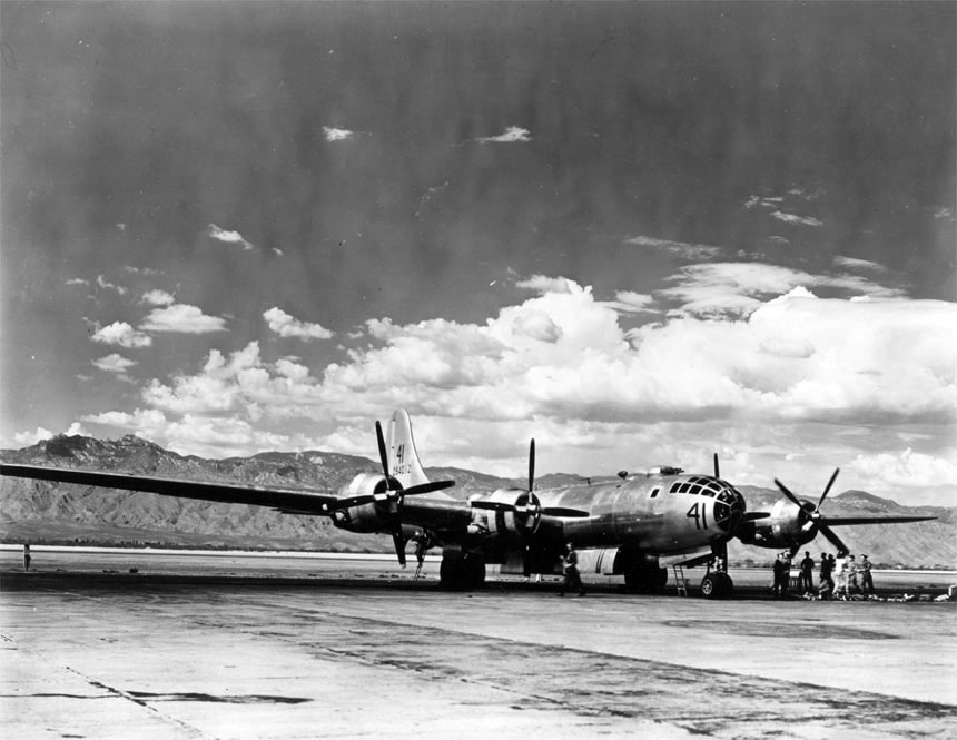B-29 bomber at rest at Davis-Monthan Field; note Santa Catalina Mountains in background