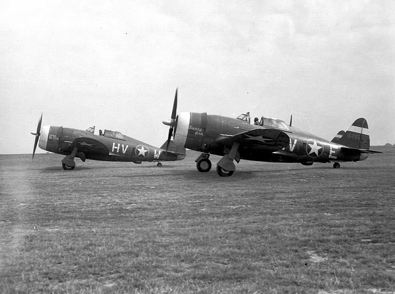 P-47 Thunderbolt fighters 'Francy Ann' (Lt Biales) and 'Little Butch' (Capt Wetherbee) of 56th Fighter Group, US 61st Fighter Squadron, probably RAF Kings Cliffe, England, United Kingdom, early 1943