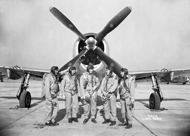 Test pilots in front of a Thunderbolt aircraft, date unknown
