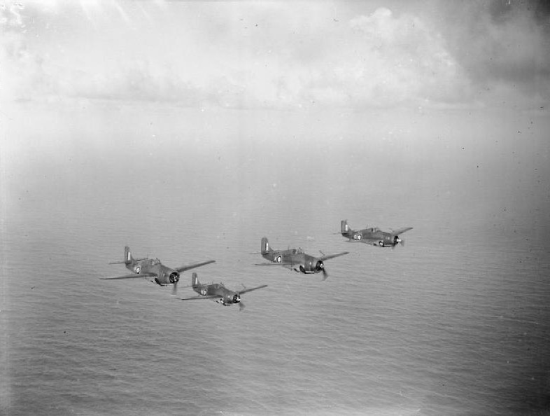 Martlet fighters of No. 888 Squadron FAA from HMS Formidable in flight, 1940s