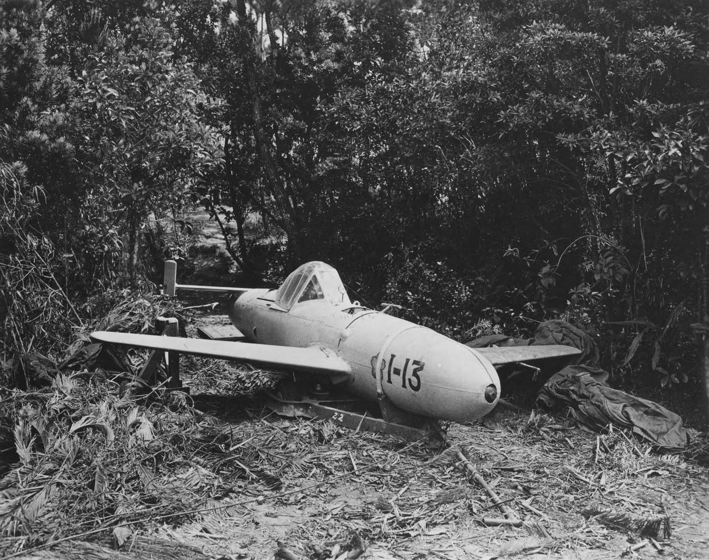 MXY7 Ohka Model 11 aircraft I-13, captured by Americans at Yontan airfield, Okinawa, Japan, Apr 1945, photo 2 of 2