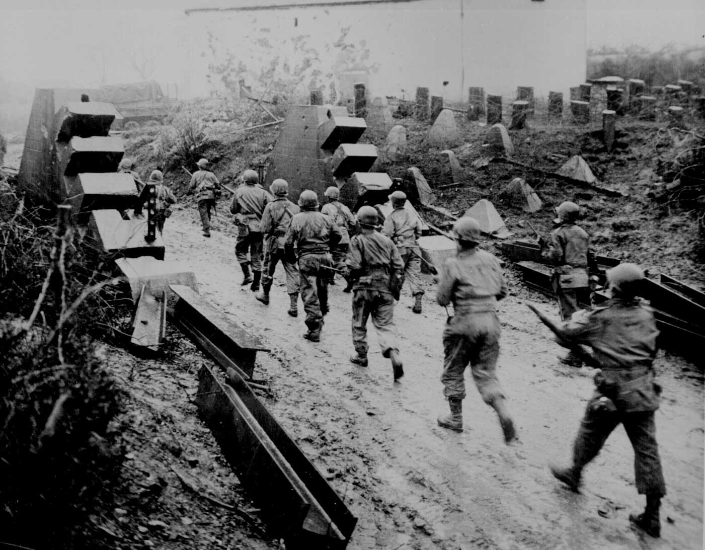 American troops crossing the Siegfried Line fortifications, early 1945