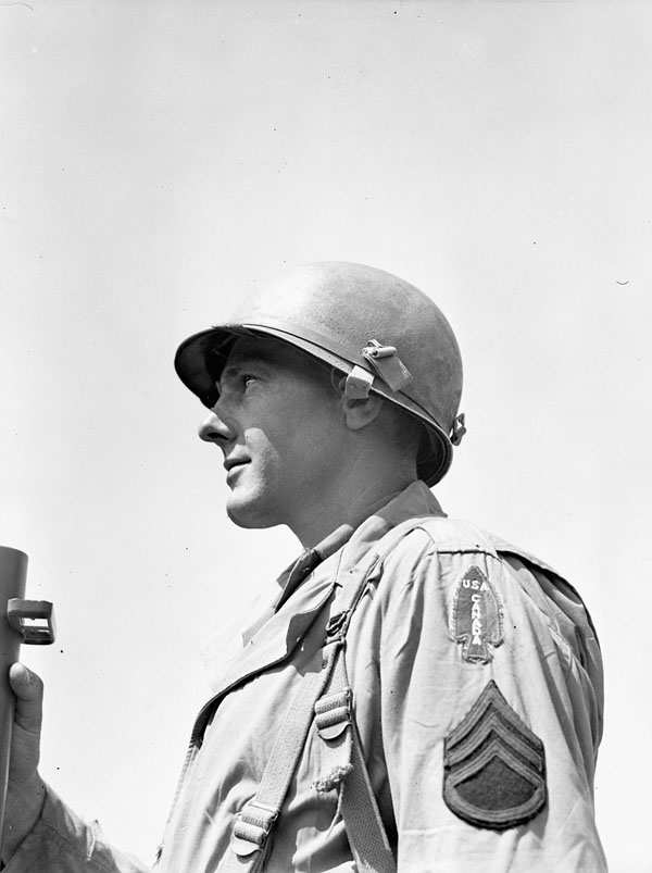 A sergeant of Canadian Special Service Force at Anzio, Italy, 20 Apr 1944; note US-Canada shoulder patch