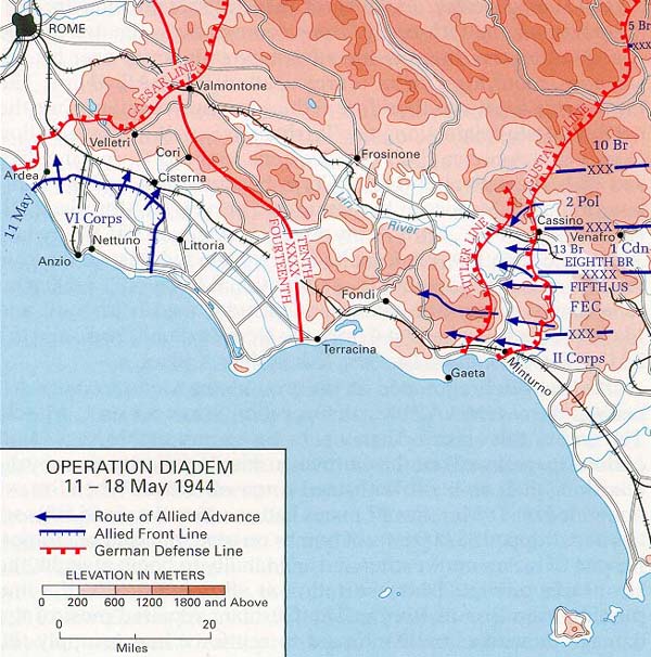 Map of the Allied Operation Diadem plan for the Anzio, Italy area, May 1944