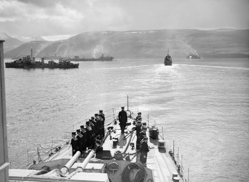British destroyer Icarus, Russian tanker Azerbaijan, and other ships in Hvalfjörður, Iceland, May 1942