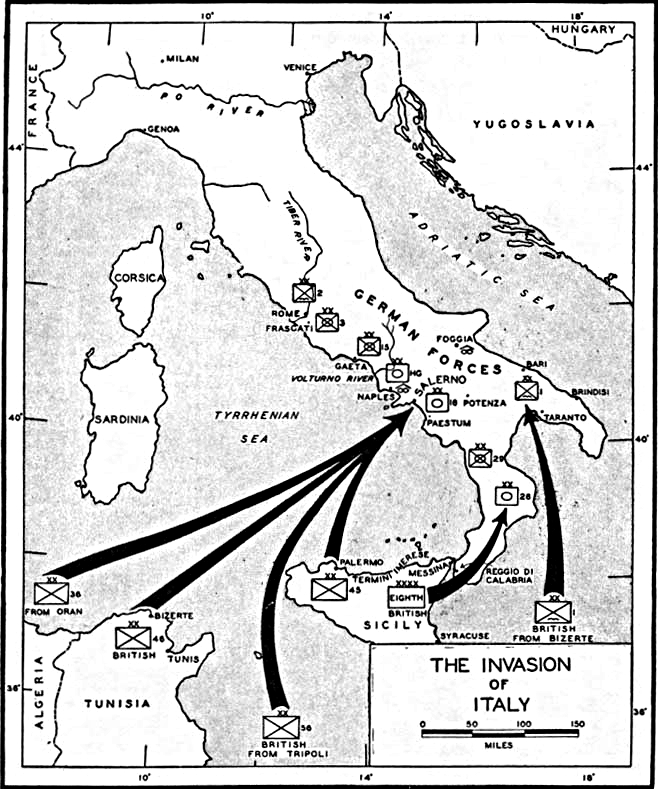 Map depicting the invasion of mainland Italy, Sep 1943