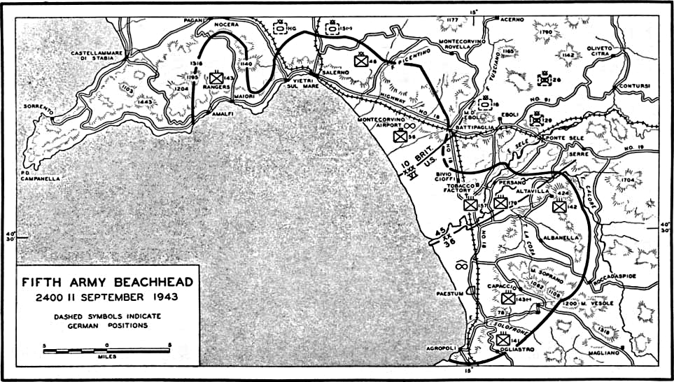 Map depicting Operation Avalanche progress at Salerno, Italy as of the end of the day 11 Sep 1943