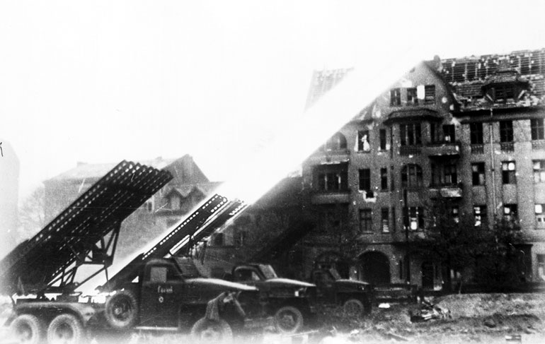 Soviet BM-13 Katyusha rocket launchers firing on Berlin, Germany, Apr 1945