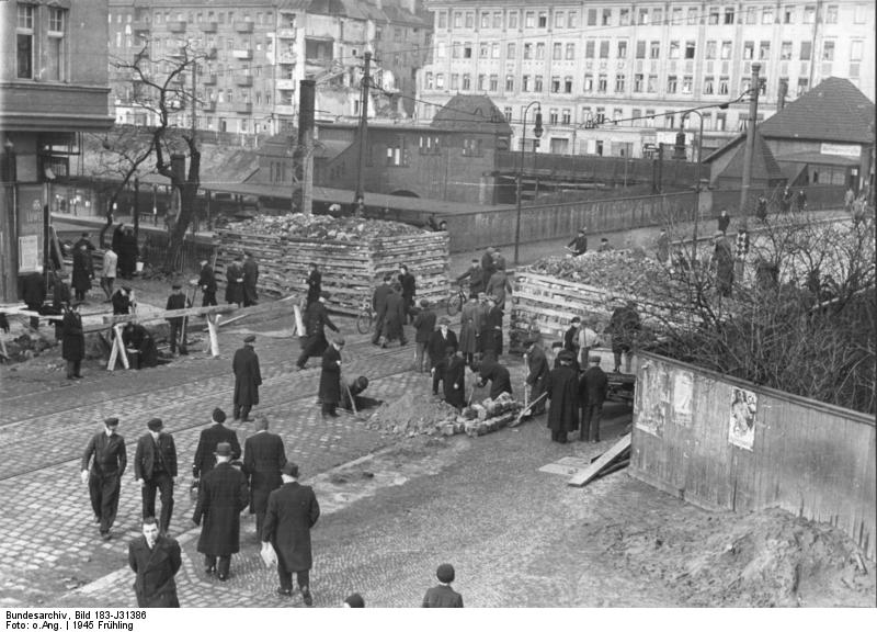 German civilians building a roadblock near the Hermannstraße S-Bahn station, Berlin, Germany, 10 Mar 1945, photo 5 of 6