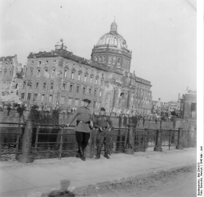 Two Soviet soldiers at the City Palace, Berlin, Germany, May-Jun 1945