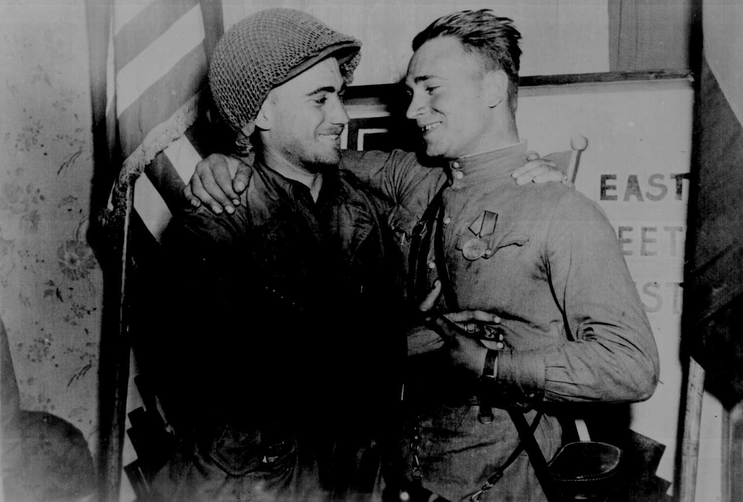 American 2nd Lt. William Robertson and Russian Lt. Alexander Sylvashko met near Torgau, Germany, 25 Apr 1945