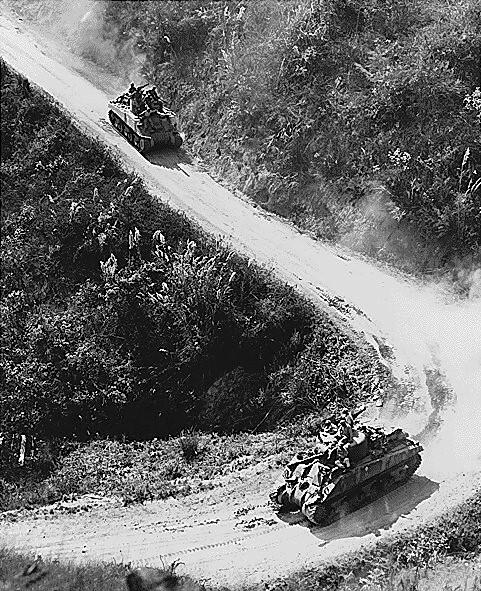 American- and Chinese-manned M4 Sherman tanks on the Burma Road, circa 1945