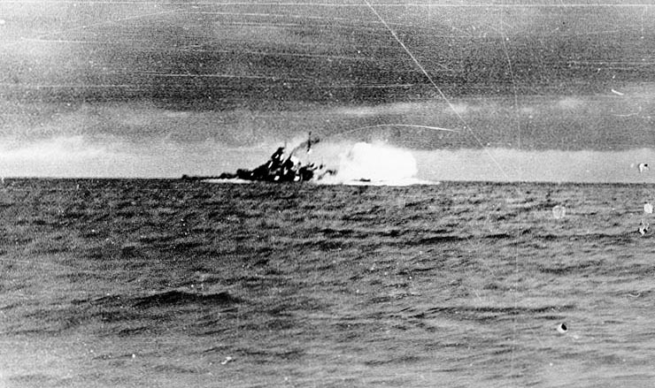 Bismarck firing on Hood and Prince of Wales, Battle of Denmark Strait, 24 May 1941, photo 3 of 8; photographed from Prinz Eugen