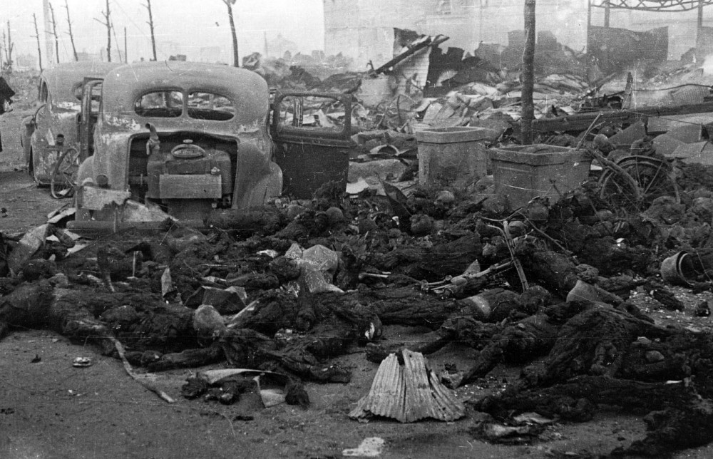 Charred remains of Japanese civilians after the Operation Meetinghouse bombing, Tokyo, Japan, 10 Mar 1945