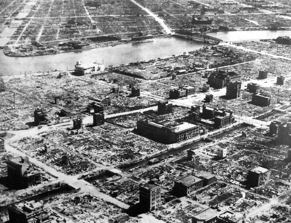 A section of Tokyo reduced to ruins after the Operation Meetinghouse bombing, 10 Mar 1945