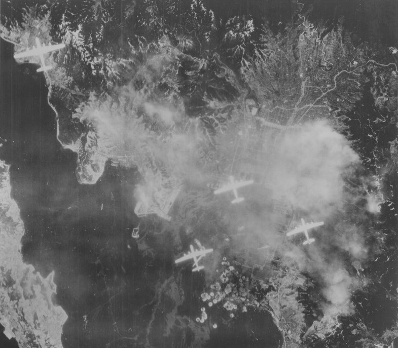 American B-29 bombers attacking Kure, Japan, late Jun or early Jul 1945