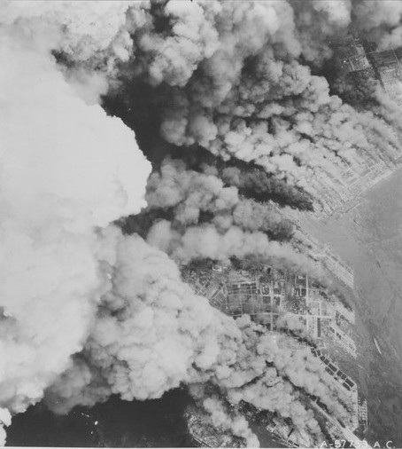 Osaka, Japan burning during an American raid, 1 Jun 1945, photo 2 of 2