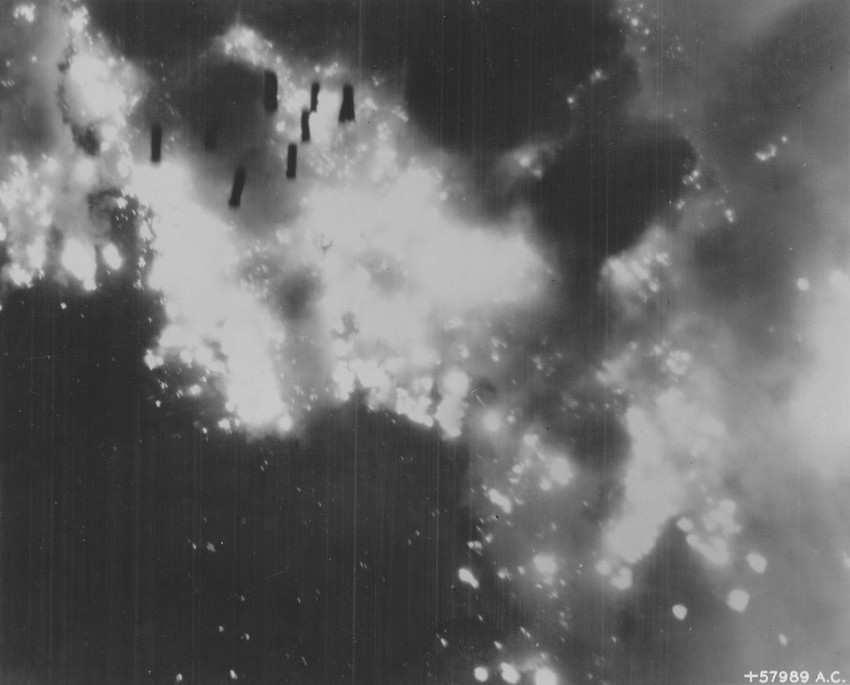 Bombs falling on Takamatsu, Japan during a night raid, 1945