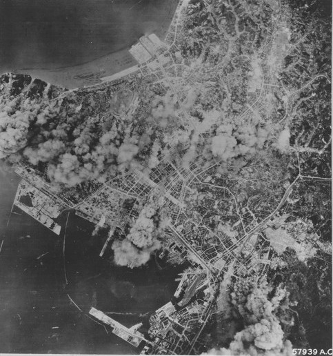 Aerial view of Yokohama, Japan during bombing, Jun-Jul 1945