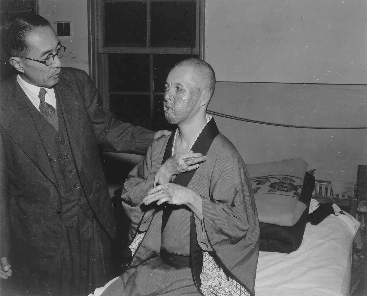 Disfigured survivor of bombings on Tokyo, Japan, post-war