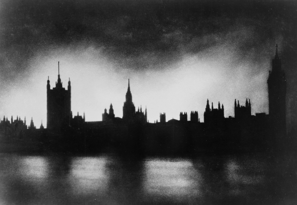 Palace of Westminster in London, England, United Kingdom silhouetted by fire, date unknown