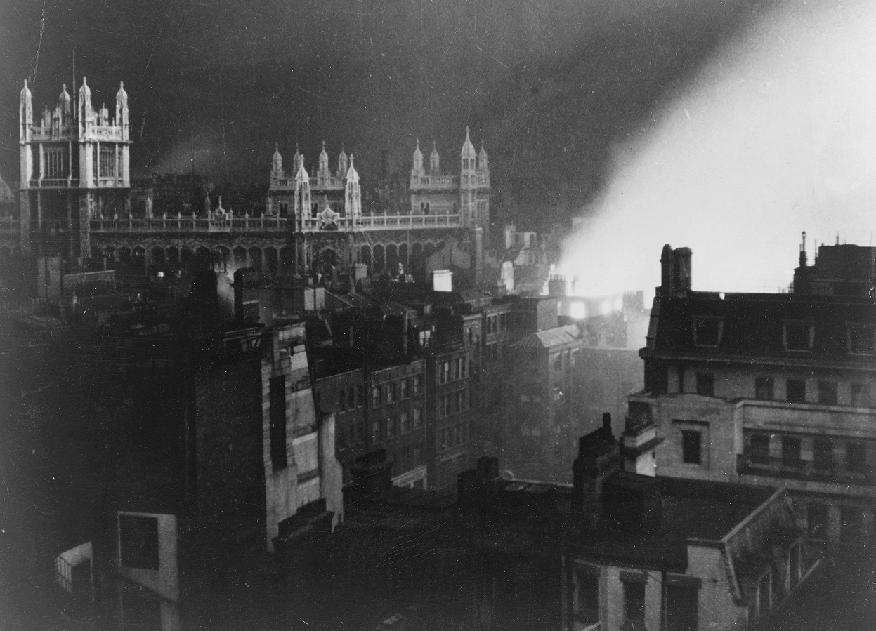 The Record Office in London, England, United Kingdom lit by a large fire, 1940