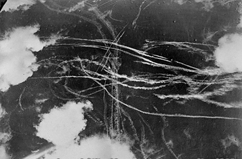Pattern of condensation trails left by British and German aircraft after a dog fight over Britain, 18 Sep 1940