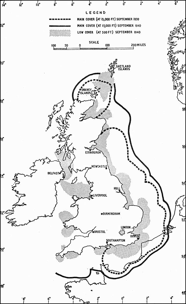 Map showing British radar range between Sep 1939 and Sep 1940, published in 1953