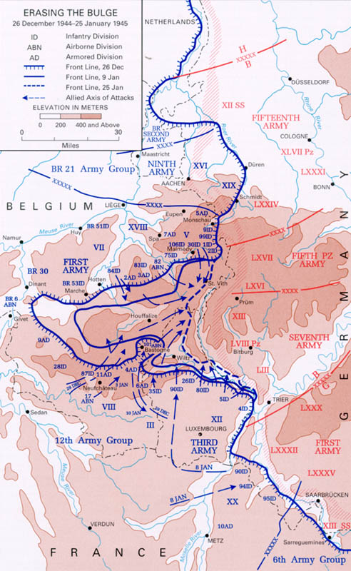 Map showing American troops reclaiming territory lost during early days of the Battle of the Bulge, 26 Dec 1944-5 Jan 1945