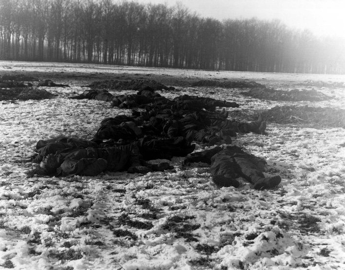Remains of German soldiers who attempted to attack the US 101st Airborne Division command post near Bastogne, Belgium, 25 Dec 1944