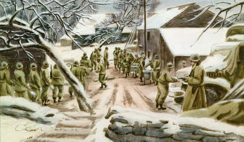 Painting 'Winter Chow Line At Hemroulle' (Belgium) by Olin Dows, 1945