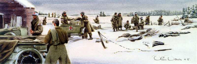 Painting 'Medics Moving in Near Bastogne / Relief Station at Bastogne' (Belgium) by Olin Dows, 1945