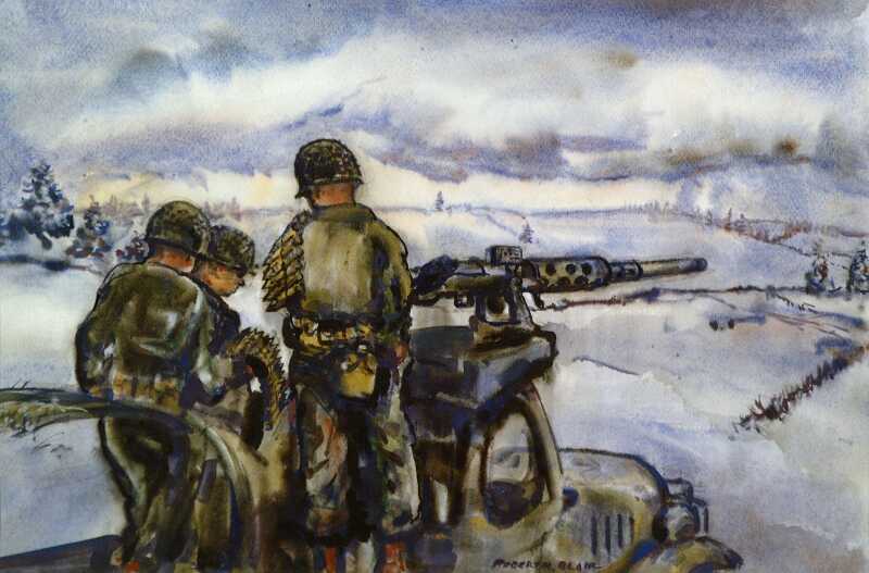 Painting '50's Machine Gun' (Bastogne, Belgium) by Robert N. Blair, date unknown