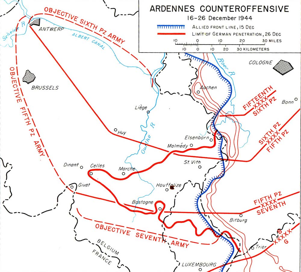 Map noting the objective of and actual ground gained during the German Arennes Offensive, 16-26 Dec 1944