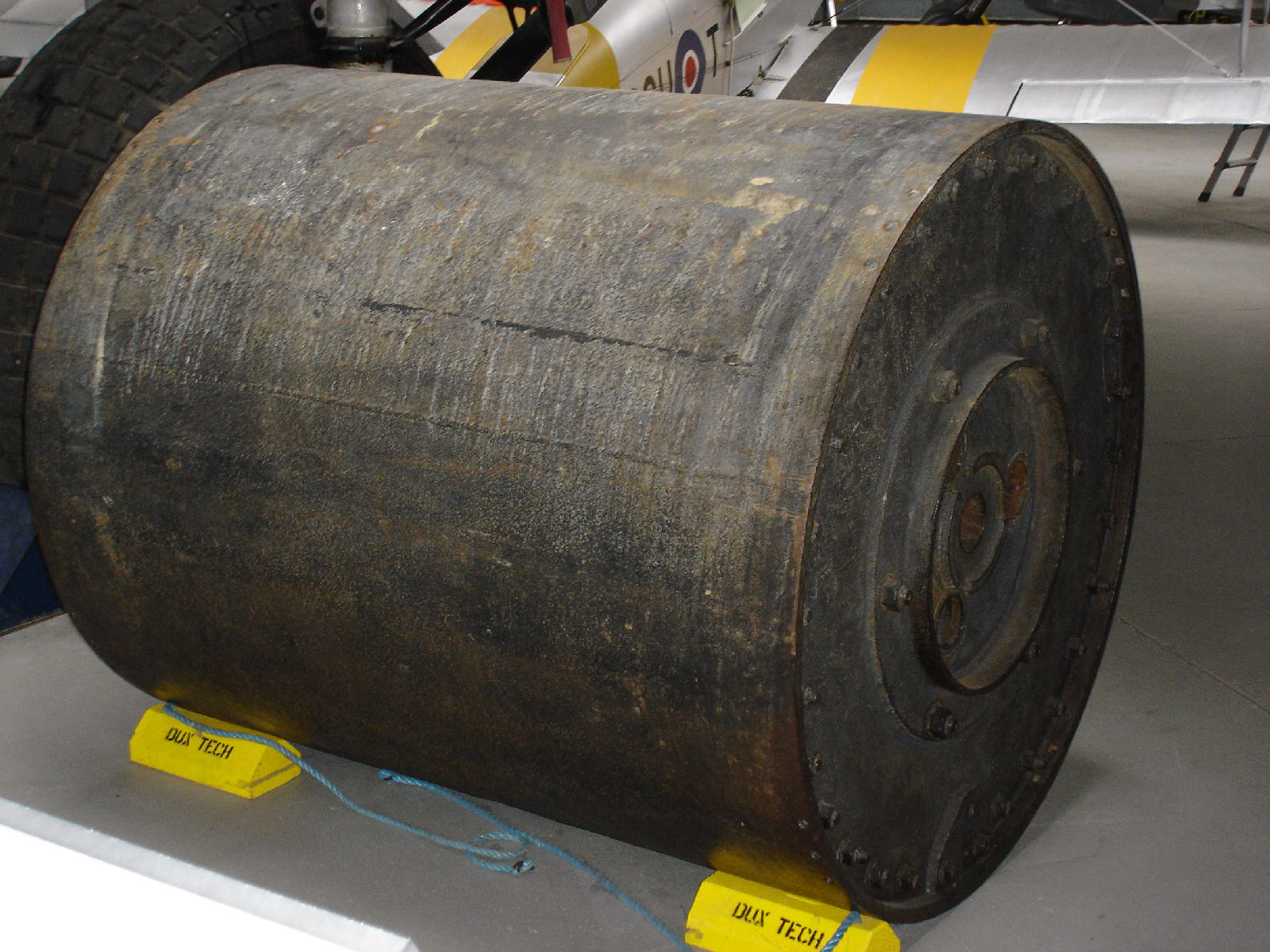 A disarmed 'bouncing bomb' on display at the Duxford Imperial War Museum,Cambridgeshire, England, United Kingdom, Feb 2005