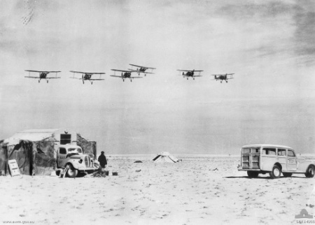 Gladiator biplane aircraft of No. 3 Squadron RAF returning to an airfield near Salum after a patrol over Bardia, Libya, Jan 1941