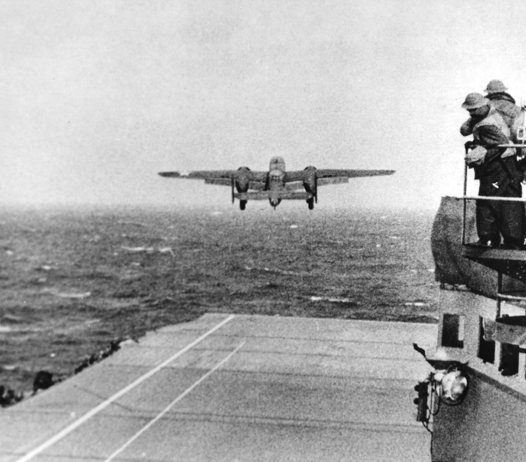US B-25 taking off from USS Hornet for the Doolittle Raid, 18 Apr 1942