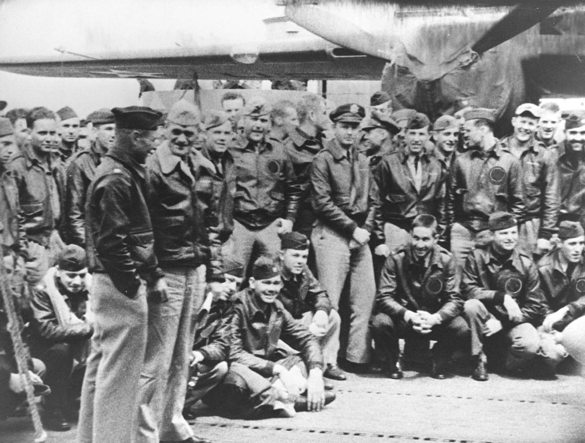 Captain Marc Mitscher speaking with Lieutenant Colonel James Doolittle aboard USS Hornet, 18 Apr 1942, photo 2 of 3