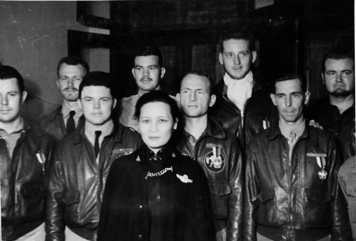 Song Meiling with Doolittle Raiders Frank Kappeler, Charles Greening, Kenneth Reddy, Lucian Youngblood, Eugene McGurl, Jacob Manch, Waldo Bither, and Rodney Wilder, Chongqing, China, 29 Jun 1942