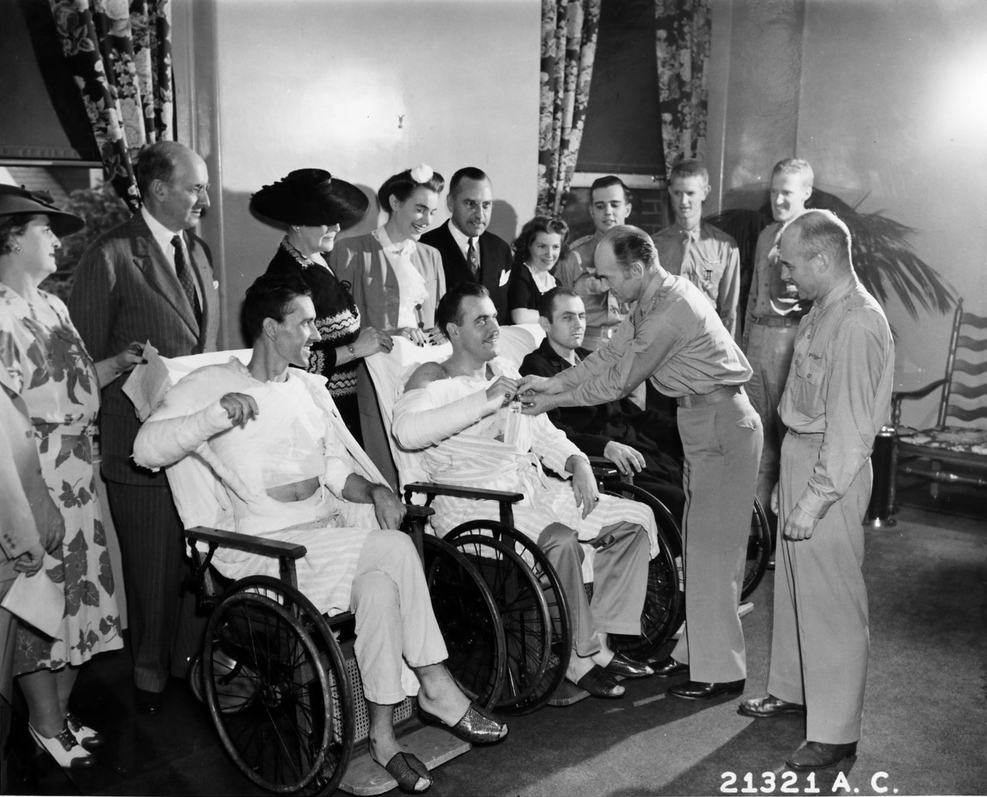 Major General Millard Harmon awarding the Distinguished Flying Cross to Doolittle Raider Harold Watson, Walter Reed Hospital, Washington DC, United States, Jun 1942