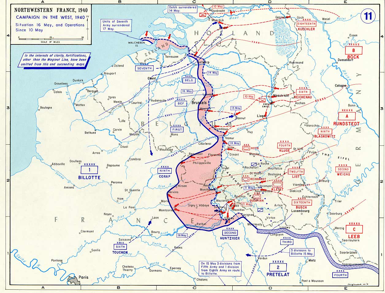 Map noting German advances in France and the Low Countries between 10 and 16 May 1940