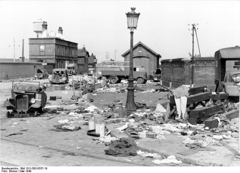 Destroyed cars on the streets of Calais, France, May 1940, photo 1 of 3
